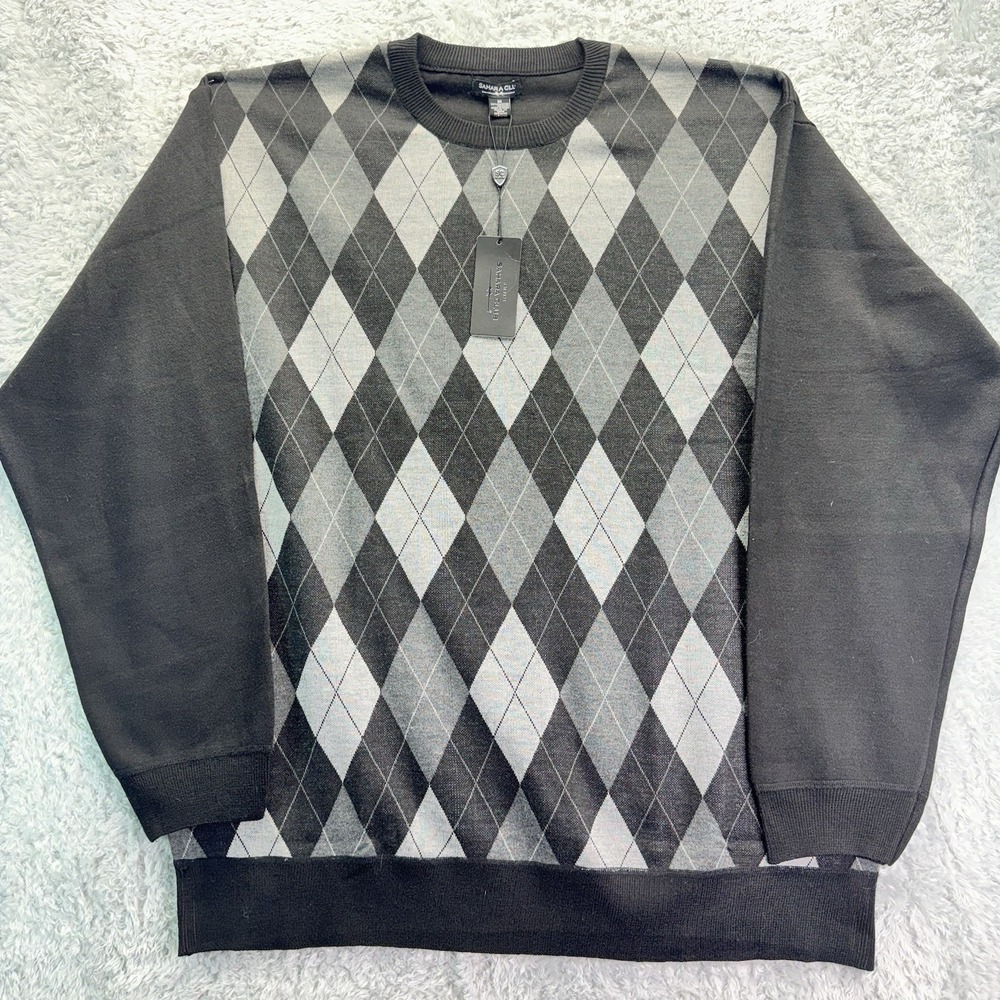 NWT VTG Sahara Club Acrylic Diamond Plaid HipHop Knit Sweater Black Men 3X
